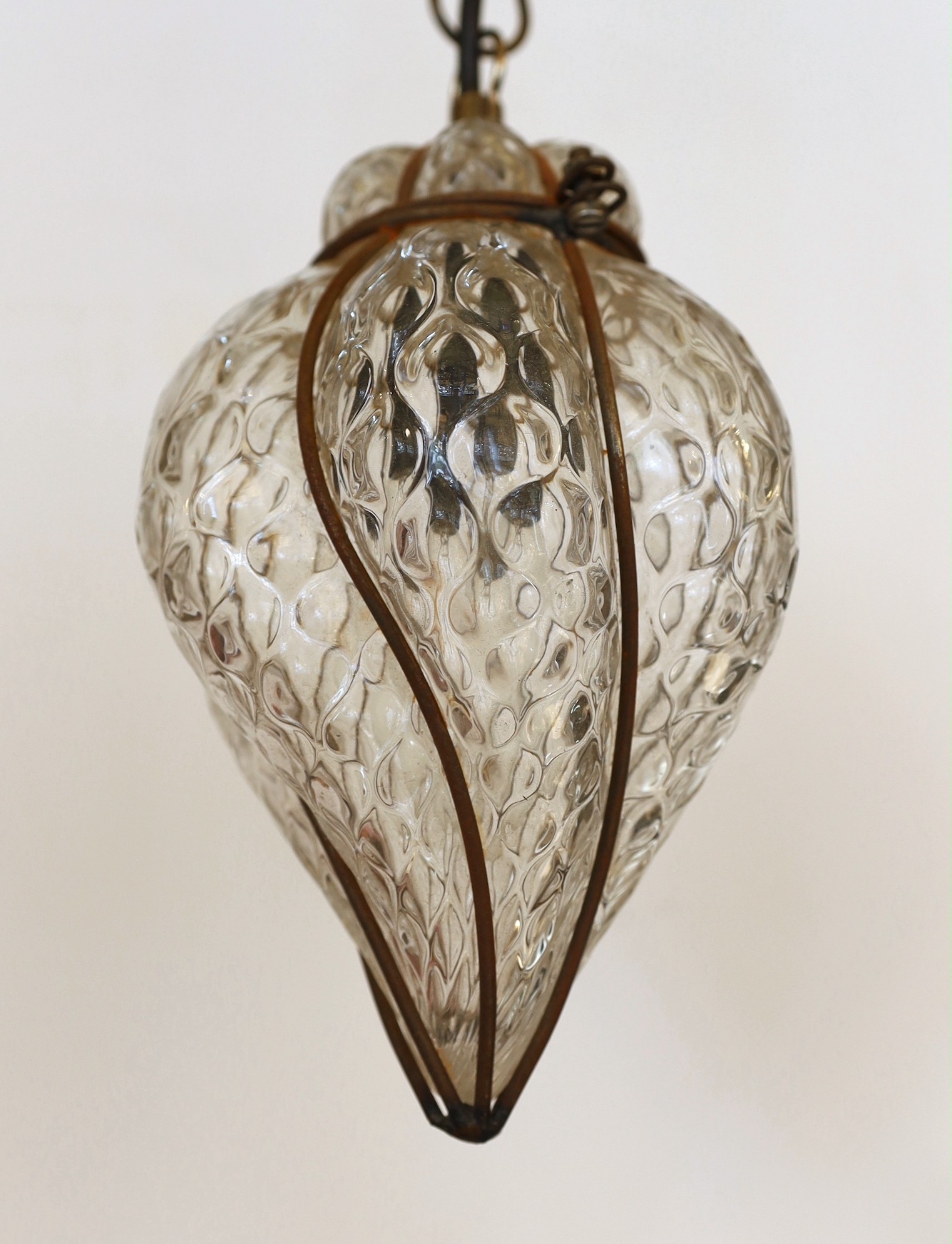 An Italian blown glass and metal light pendant, height including chains 54cm